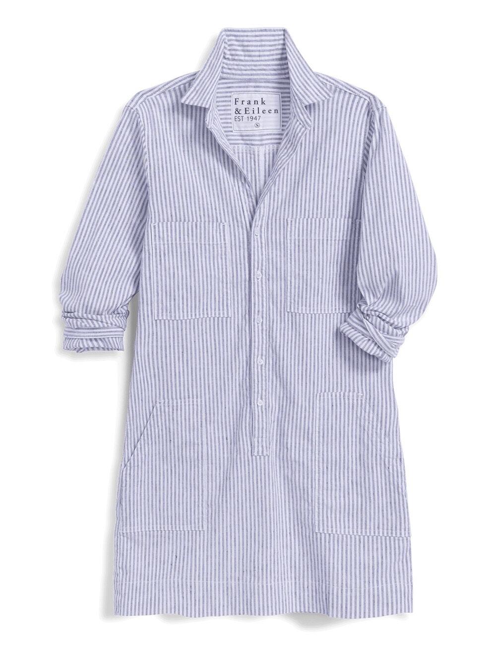 Frank & Eileen Ireland Utility Shirt Dress Navy White Stripe Linen XS Coastal